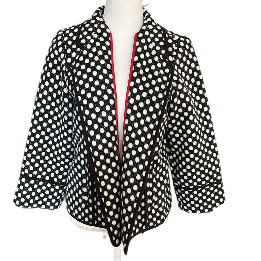 Chico's Black & White Polka Dot Open-Front Blazer with Red Trim